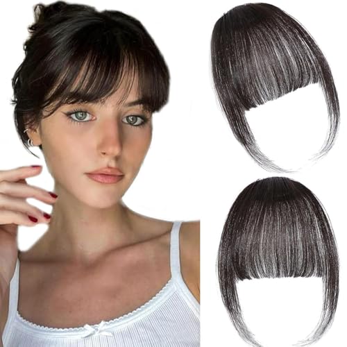 FFWTPY Haarschmuck One Piece Human Hair Clip in Pony Vorne Bang Haarverlängerung Extensions Natürliche Bangs Synthetisches Haarteil mit Schläfen für Frauen (Braun-schwarz) von FFWTPY