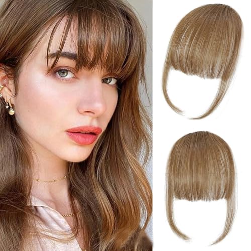 FFWTPY Haarschmuck One Piece Human Hair Clip in Pony Vorne Bang Haarverlängerung Extensions Natürliche Bangs Synthetisches Haarteil mit Schläfen für Frauen (Hellbraun) von FFWTPY