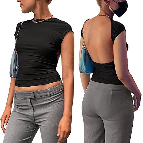 FFWTPY Shirts Damen Sommer Rückenfrei Kurzarm Tshirt Basic T Shirt Crop Top Rundhals Oberteile Casual Shirt Kurzarm Tops Slim Fit Bauchfrei Bluse von FFWTPY