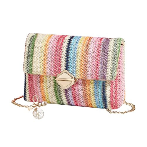 FFWTPY Strandtasche Damen Strohtaschen Crossbody Strand Tasche Mode Schultertasche Stroh Clutch Vintage Boho Stil mit Kette für Urlaub Reisen Hochzeitstasche von FFWTPY