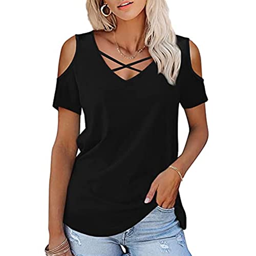FFWTPY Tank Top Damen Cold Shoulder Kreuzgurt Vausschnitt Tops Sommer Ärmellos Elegant Basic Tops Casual Trägertop Oberteile Spaghettiträger Shirt Sport Achselshirts Trägershirt von FFWTPY