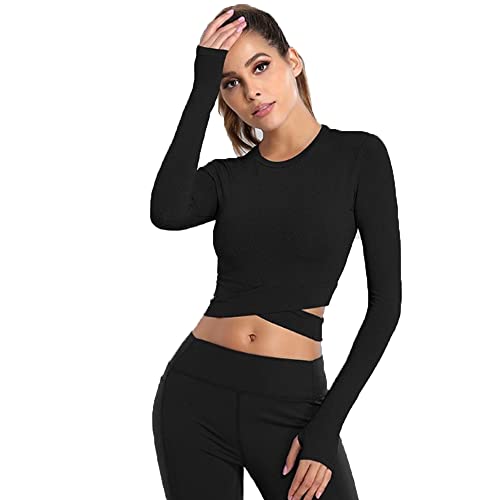 Gym Yoga Crop Top für Frauen Damen Langarm Laufshirt Sportshirt mit Daumenloch Funktionsshirt Atmungsaktiv Sport Oberteil Fitness Kleidung von FFWTPY