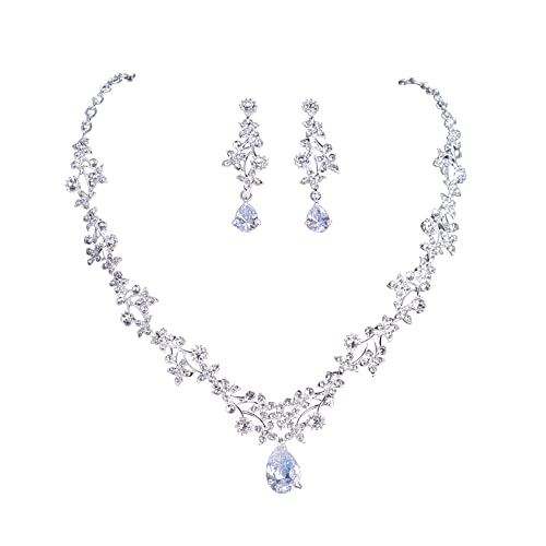 Brautschmuck Set Silber Hochzeit Schmuck Set für Damen Braut Halskette und Ohrringe Set Braut Schmuck Set Zirkonia Anhänger Halskette Schmuckset Silber für Frauen Mädchen von FFWTPY