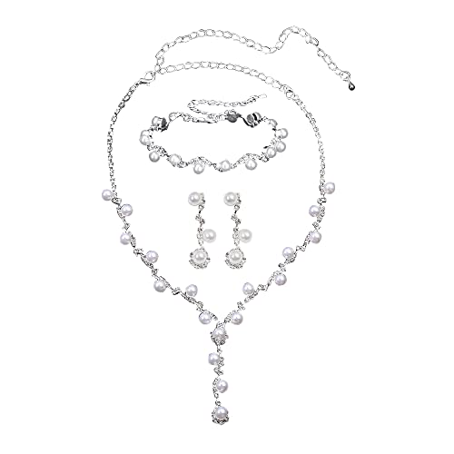 FFWTPY Schmucksets Damen Kristall Braut Strass Halskette Ohrringe Armband Set mit Perlen und Zirkonia Schmuck Zubehör für den Täglichen Gebrauch Party Hochzeit von FFWTPY