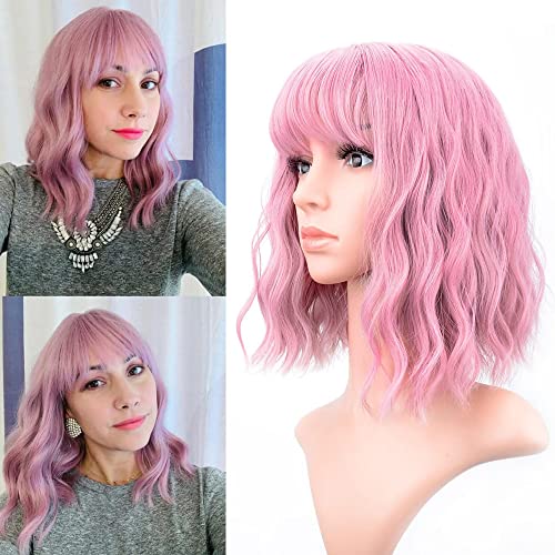 Kurze Bob Perücke mit Pony für Damen Schulterlange Perücken Gewellte Lockige Rosa Blond Synthetische Perücke Natürlich Wig für Frauen Cosplay Party Halloween Karneval Kostüm Anime von FFWTPY