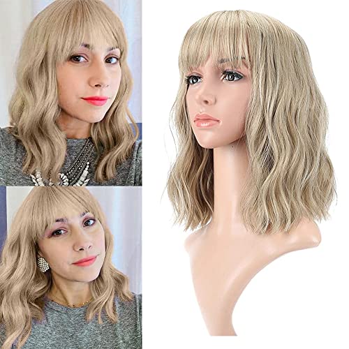 Kurze Bob Perücke mit Pony für Damen Schulterlange Perücken Gewellte Lockige Rosa Blond Synthetische Perücke Natürlich Wig für Frauen Cosplay Party Halloween Karneval Kostüm Anime von FFWTPY