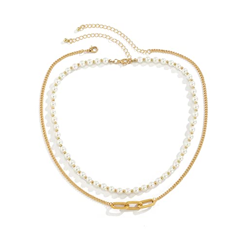 Perlen Ketten Damen Halskette Perlenkette Perle Halskette Perlen Choker Layering Kette Silber Gold Doppelschicht Geschenke für Frauen und Mädchen Schmuck für Freundin (Gold) von FFWTPY