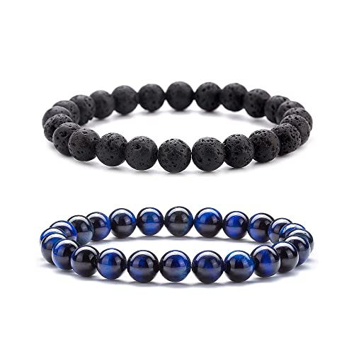 Perlen Naturstein Heilsteine Edelstein Armband für Herren Perlenarmband Chakra Armbänder Tigerauge Achat Lavastein Steine Schmuck für Damen Frauen Freundschaftsarmband von FFWTPY