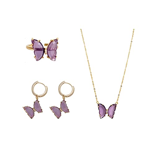 Schmetterling schmuck set für Damen Kristall Ring Halskette Ohrringe Set Hochzeit schmuckset Gold Brautschmuck Set Amethyst Ohrhänger Set für Braut Geschenke Freundin Frauen von FFWTPY