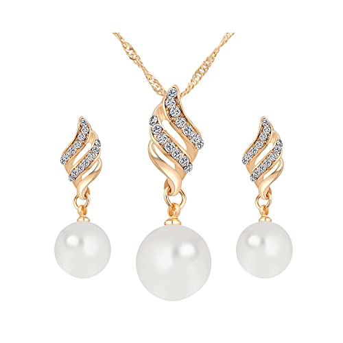 FFWTPY Schmuckset Damen Hochzeit Halskette Ohrstecker Set Perlenkette Set Perlen Schmuck Set Kristall Ohrstecker Braut Anhänger Halskette Silber Brautschmuck für Hochzeitstag (Gold) von FFWTPY