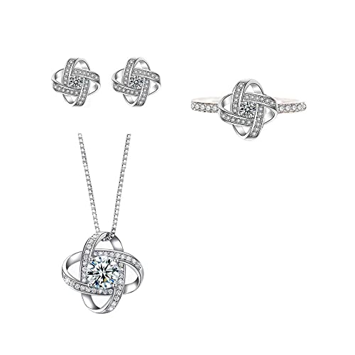 Vierblättriges Kleeblatt Schmuckset für Damen Halskette Ohrringe Ringe Set aus Kristall Silber Schmuck Set Geburtstag für Frauen Mädchen Weihnachten von FFWTPY