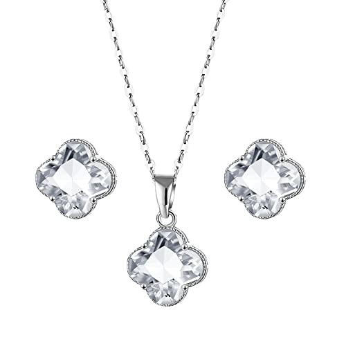 FFWTPY Kleeblatt Kristall Schmuckset Ohrringe Halskette Damen Silber Anhänger Elegante Kette Ohrstecker Juwelenkollektion Hochwertig von FFWTPY