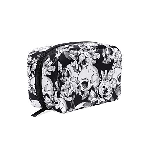 Make-up-Tasche Sugar Skull Rose Pfingstrose Flower Print Kosmetiktasche Aufbewahrung Großer Reisegriff Personalisiert mit Fächern für Teenager-Mädchen Frauen Dame Weiß Schwarz, C001, S, Make-up-Tasche von FFY GO