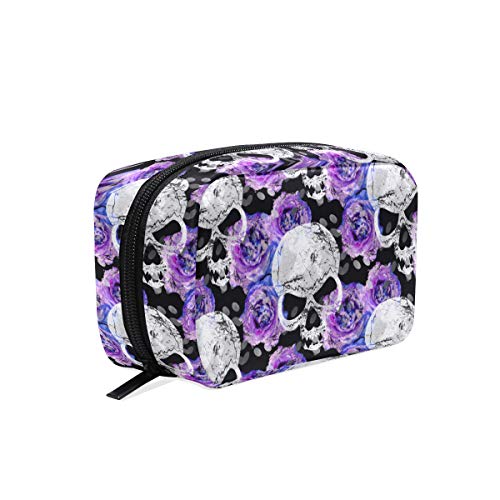 Make-up-Tasche mit Totenkopf-Motiv, Rose, Pfingstrosen, Blumendruck, Kosmetiktasche, Aufbewahrung, großer Reisegriff, personalisierbar, mit Fächern für Teenager-Mädchen, Frauen, Damen, weiß, schwarz von FFY GO