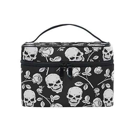 Kosmetiktasche Schminkkoffer, Totenkopf mit Rosendruck Kosmetikkoffer mit Griff und Fächern für Reisen, Teenager Mädchen und Damen Make Up Tasche von alaza