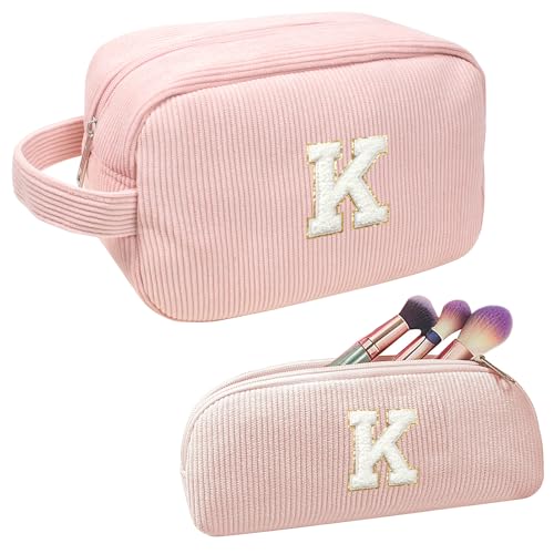 FFpaw Personalisiertes Make-up-Taschen-Set mit Anfangsbuchstaben, große Kord, adrette Kosmetiktasche, Reise-Kulturbeutel, kleine Make-up-Tasche für Geldbörse, Make-up-Organizer, Tasche, von FFpaw