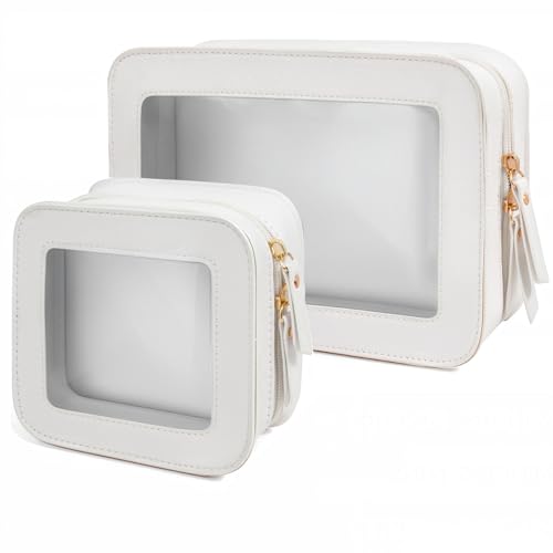 FFpaw 2-teiliges Reise-Make-up-Taschen-Set, durchsichtig, weiß, Make-up-Organizer mit Reißverschluss, Leder-Reisetaschen für Toilettenartikel, kleine Kosmetiktaschen für Damen, Mini-Make-up-Tasche von FFpaw