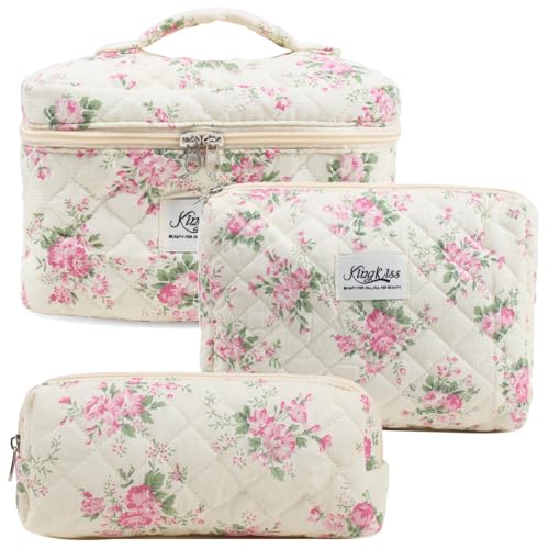 Gesteppte Make-up-Tasche aus Baumwolle, groß, ästhetisches Kosmetiktaschen-Set mit niedlicher Blume, Reise-Kulturbeutel, Make-up-Pinsel, Aufbewahrungstasche, trendiger Make-up-Organizer für Damen und von FFpaw