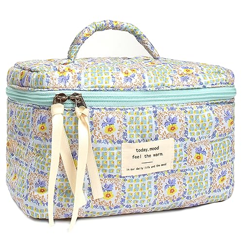 Große Baumwolle Make-up Tasche Reise Kosmetiktasche Gesteppte Kosmetiktasche Kokette Ästhetische Floral Kulturbeutel Kleine Niedliche Reise Kosmetiktaschen für Frauen, Blume, Reißverschluss von FFpaw