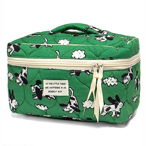 Große Baumwolle Make-up Tasche Reise Kosmetiktasche Gesteppte Kosmetiktasche Kokette Ästhetische Floral Kulturbeutel Kleine Niedliche Reise Kosmetiktaschen für Frauen, Hund, Reißverschluss von FFpaw