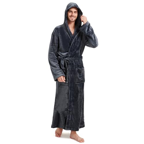 FG FEAYIGUDIM Bademantel Herren Frottee übergröße Kapuze Bathrobe extra Lang Fleece Microfaser Kuschelig Robe(Grau,4XL) von FG FEAYIGUDIM