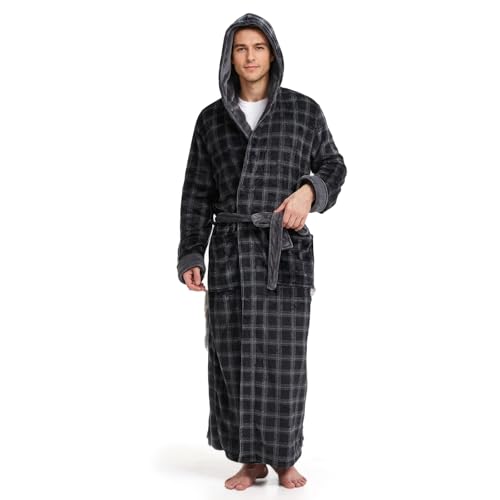 FG FEAYIGUDIM Men's Fleece Plush Hooded Bathrobe Full Length Big and Tall Shawl Collar Plaid Men Robe(Black Grau,7XL) von FG FEAYIGUDIM