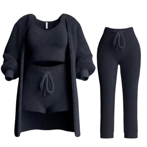 FGAQLUK Strickset 4-teilig, Damen-Pyjama Mit Sexy Fuzzy-Fleece-Outfits, Kuschelige Fleece-Weste + Mantel + Hose-Pyjama-Sets for Damen (Color : Schwarz, Größe : M) von FGAQLUK