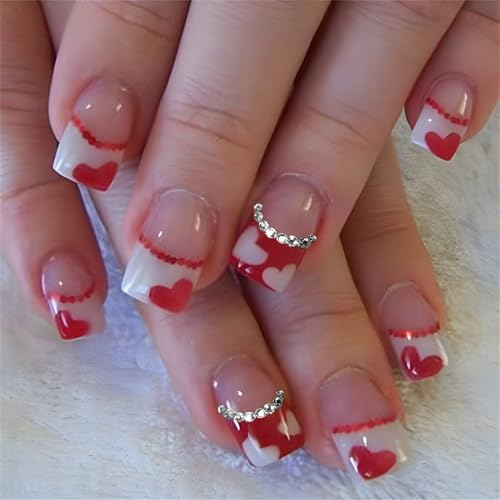 24 Pcs Valentinstag Acrylnägel Mit Französischer Spitze Herzdesign Full Cver Stick On Nails Maniküre Nägel Kunst Für Frauen von FGDTREE