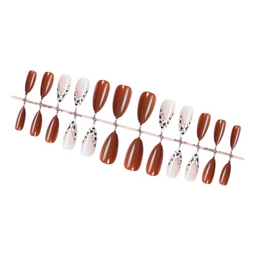 24 Stück Kunstnägel für Damen, glänzend, französische Spitze, Mandel, mit V-Form, Tier-Punkte, Druck-Designs, zum Aufkleben auf Nägel von FGDTREE