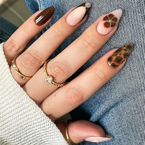 24pcs Press Auf Nägel Französische Spitze Mandelform Falsche Nägel Mit Tierischen Punkten Und Blütenmuster Kleben Auf Nägeln Für Frauen von FGDTREE