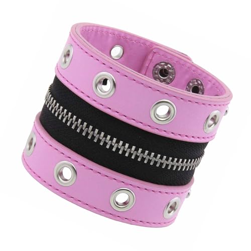 FGDTREE Stilvoller Punkrock Weitgurt Armband In Weichem PU Leder Mit Metallic Stollen Und Reißverschluss Designs Breites Reißverschluss Lederarmband von FGDTREE