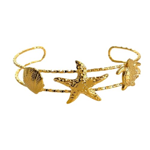 FGDTREE Trendy Marine Inspirierte Seesternschatze Sonne Offenes Manschettenarmband Edelstahl Schmuck Verstellbares Armband Flexible Größe Trendy Handschmuck von FGDTREE