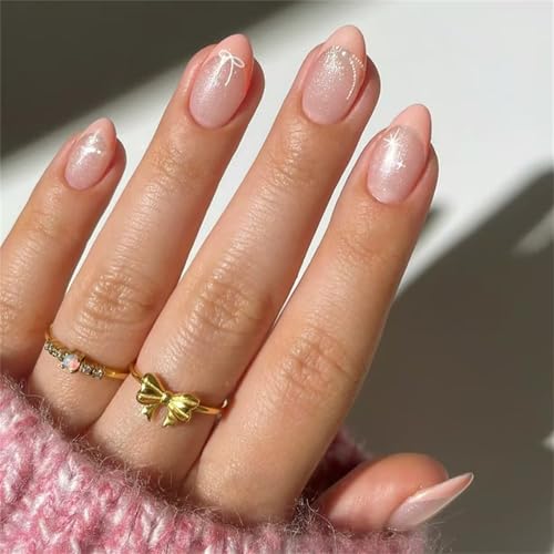 Künstliche Fingernägel für Damen, kurz, Mandel, Schleifen-Design, französische Spitzen, glänzend, 24 Stück von FGDTREE