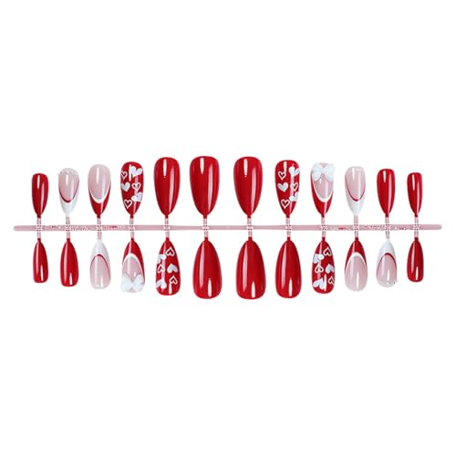 Maniküre zum Aufdrücken in Mandelform zum Valentinstag mit Herz und 3D-Schleifen, volle Abdeckung, Maniküre für stilvolle Frauen von FGDTREE