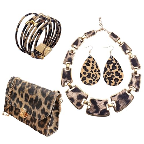 Stylish Leopard Print Schmuckset Geldbörse Ohrringe Armband Halskette Mode Tiermuster Accessoire Für Frauen Trendy Leopardenmuster Armband Halskette Ohrringe Geldbeutel Set Set von FGDTREE