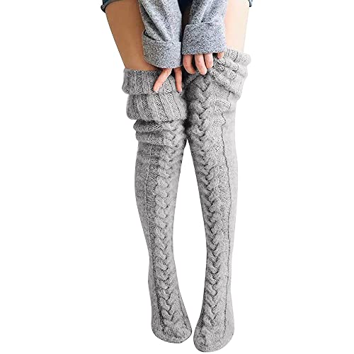 Damen Strümpfe Strick Overknee Socken Dicke Warme Überknie Kniestrümpfe Trachtenstrümpfe Grobstrick Wintersocken Thermosocken Lange Weihnachtssocken Kuschelsocken für Frauen (Hellgrau) von FGFD&OU