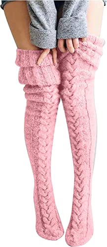Damen Strümpfe Strick Overknee Socken Dicke Warme Überknie Kniestrümpfe Trachtenstrümpfe Grobstrick Wintersocken Thermosocken Lange Weihnachtssocken Kuschelsocken für Frauen (Rosa) von FGFD&OU