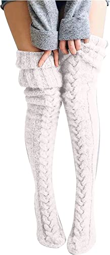 Damen Strümpfe Strick Overknee Socken Dicke Warme Überknie Kniestrümpfe Trachtenstrümpfe Grobstrick Wintersocken Thermosocken Lange Weihnachtssocken Kuschelsocken für Frauen (Weiß) von FGFD&OU