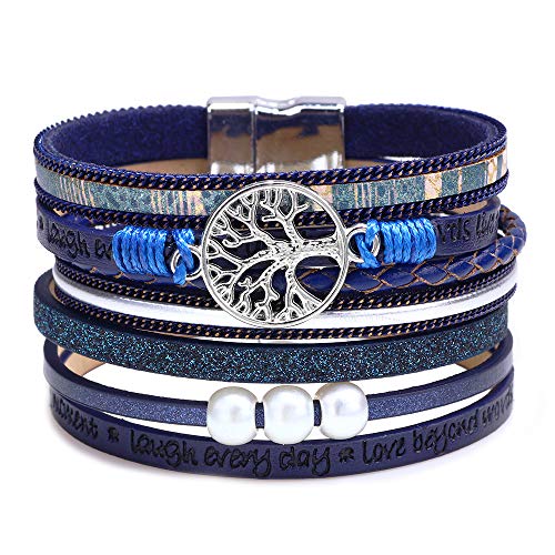 Lederarmband Damen Herren Leder Wickelarmbänder Baum des Lebens Armband mit Magnetverschluss aus Edelstah Bracelet für Frauen & Mädchen (Blau) von FGFD&OU