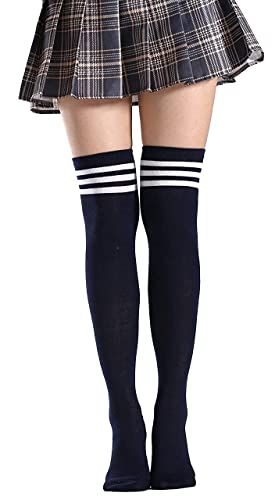 FGFD&OU Damen Kniestrümpfe Overknees Strümpfe Lange Strick Warme High knee Socken Leggings Strümpfe Ringel Überknie Cheerleader Kostüm Sportsocken für Damen und Mädchen (Ein-Paar-Blau) von FGFD&OU