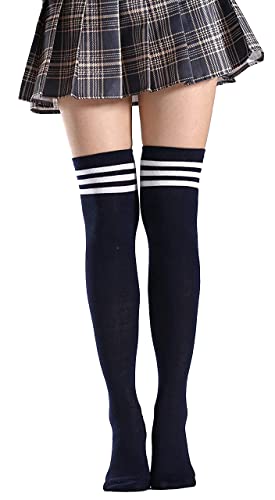 Damen Kniestrümpfe Overknees Strümpfe Lange Strick Warme High knee Socken Leggings Strümpfe Ringel Überknie Cheerleader Kostüm Sportsocken für Damen und Mädchen (Ein-Paar-Blau) von FGFD&OU