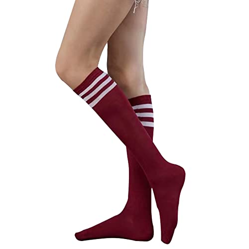 Damen Kniestrümpfe Overknees Strümpfe Lange Strick Warme High knee Socken Leggings Strümpfe Ringel Überknie Cheerleader Kostüm Sportsocken für Damen und Mädchen (Wadenstrümpfe-Rot) von FGFD&OU