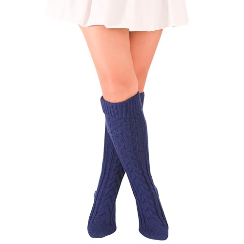 Damen Kniestrümpfe Strümpfe Strick Overknee Socken Dicke Warme Überknie Kniestrümpfe Trachtenstrümpfe Grobstrick Wintersocken Thermosocken Lange Weihnachtssocken für Frauen (Blau) von FGFD&OU