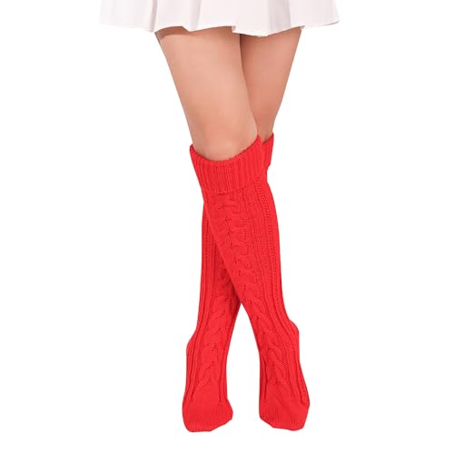 Damen Kniestrümpfe Strümpfe Strick Overknee Socken Dicke Warme Überknie Kniestrümpfe Trachtenstrümpfe Grobstrick Wintersocken Thermosocken Lange Weihnachtssocken für Frauen (Rot) von FGFD&OU