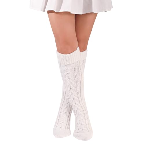 Damen Kniestrümpfe Strümpfe Strick Overknee Socken Dicke Warme Überknie Kniestrümpfe Trachtenstrümpfe Grobstrick Wintersocken Thermosocken Lange Weihnachtssocken für Frauen (Weiß) von FGFD&OU