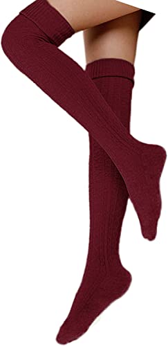 Damen Overknee Socken Lange Strümpfe Strick Baumwolle Dicke Warme Überknie Kniestrümpfe Weihnachtssocken für Damen und Mädchen (Rot) von FGFD&OU