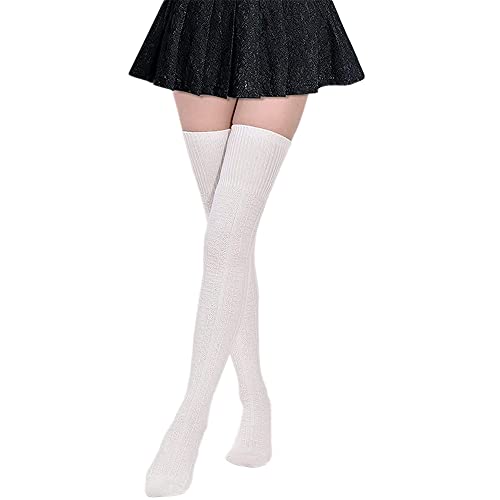 Damen Overknee Socken Lange Strümpfe Strick Baumwolle Dicke Warme Überknie Kniestrümpfe Weihnachtssocken für Damen und Mädchen (Weiß) von FGFD&OU