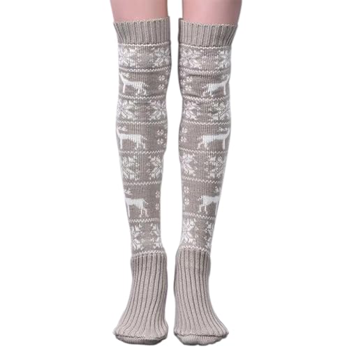 FGFD&OU Damen Overknee Socken Strümpfe Strick Baumwolle Dicke Warme Überknie Kniestrümpfe Trachtenstrümpfe Lange Thermosocken Weihnachtssocken für Frauen und Mädchen (Xmas-Grau) von FGFD&OU