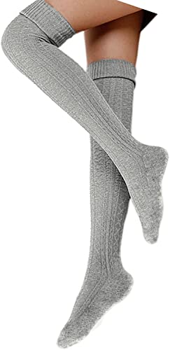 Damen Overknee Socken Lange Strümpfe Strick Baumwolle Dicke Warme Überknie Kniestrümpfe Weihnachtssocken für Damen und Mädchen (Hellgrau) von FGFD&OU