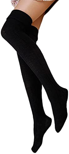 Damen Overknee Socken Lange Strümpfe Strick Baumwolle Dicke Warme Überknie Kniestrümpfe Weihnachtssocken für Damen und Mädchen (Schwarz) von FGFD&OU